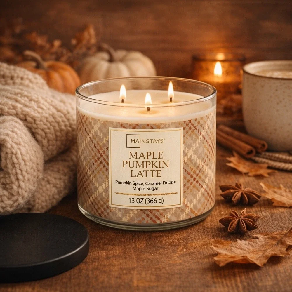 Mainstays Maple Pumpkin‎ Latte Candle 13oz 3 Wick Plaid Jar New
